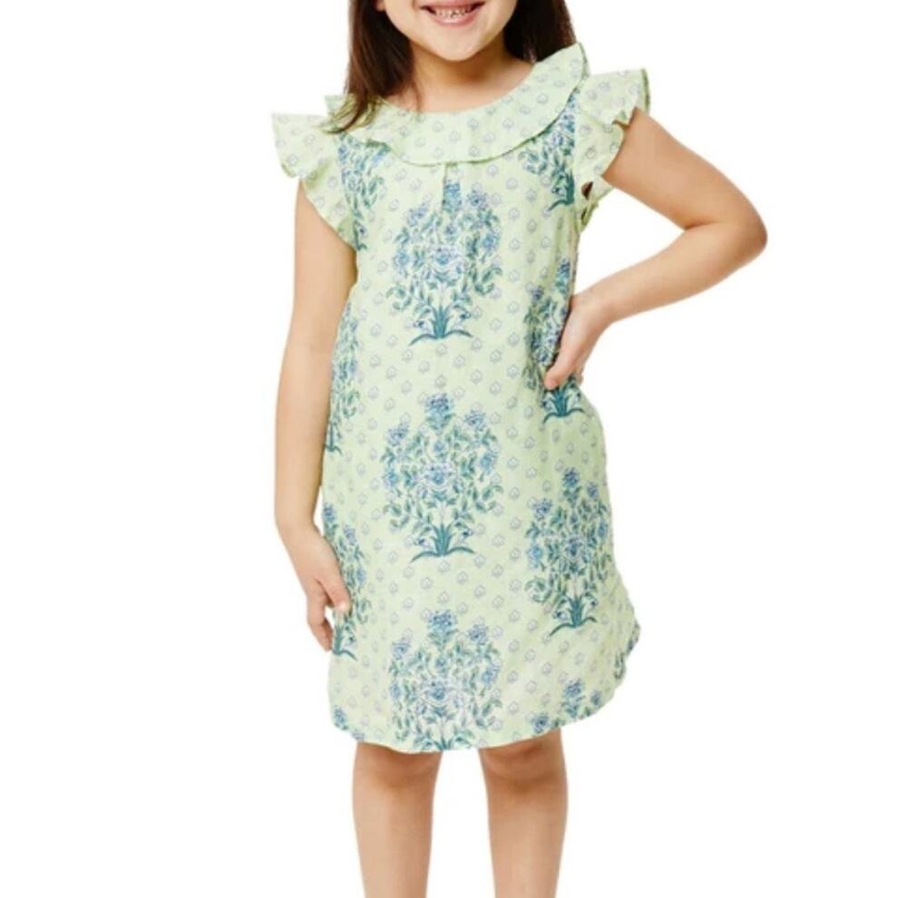 Roller Rabbit Yarrow Brenna Green Blue Floral Print Girls lined Linen Dress 6